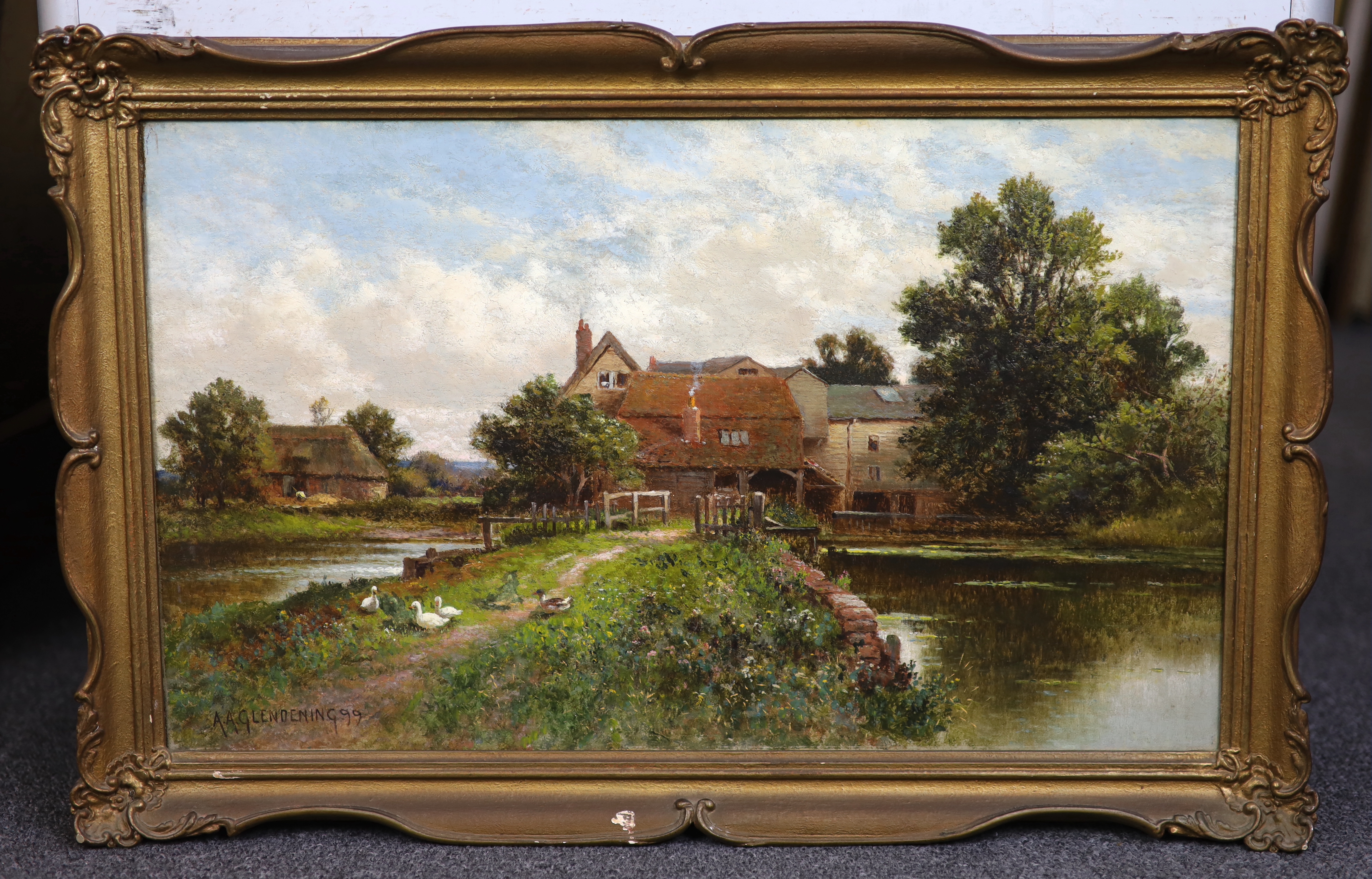 Alfred Augustus Glendening (c.1840-c.1910), Ducks before a watermill, oil on canvas, 30 x 50cm